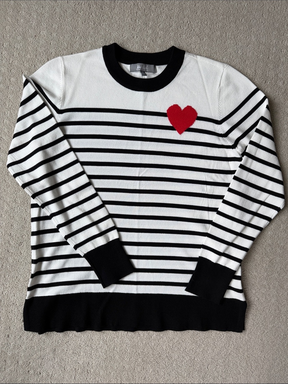 Striped Black & White Crewneck Sweater with Red Heart Accent - NEVER WORN!!